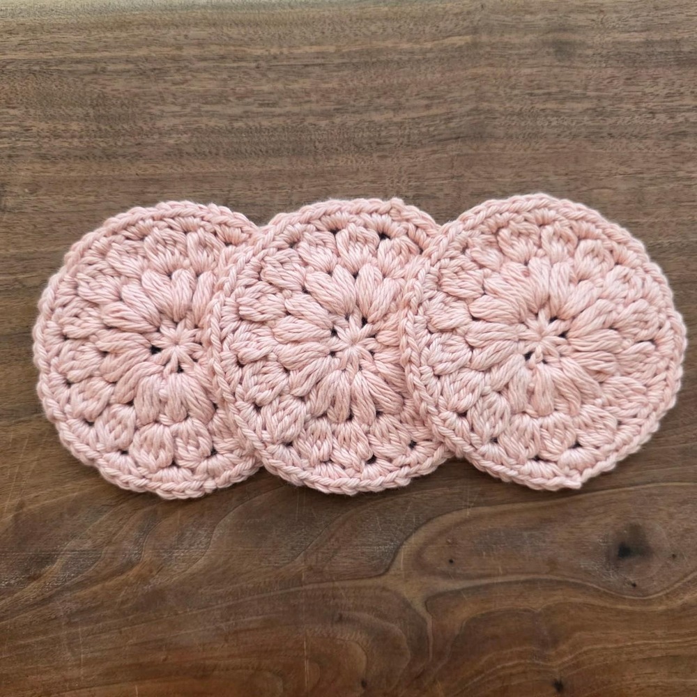 Handmade Crochet Face Scrubbies Coasters Set of 3 Pink Cotton Starburst Puff